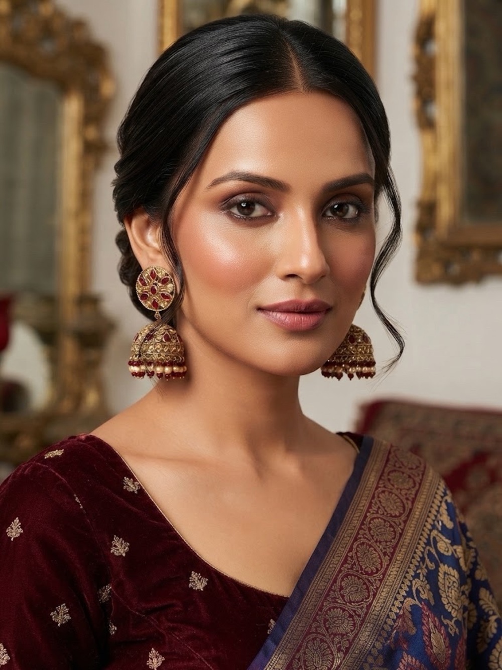 Elegant Maroon and Gold Jhumka Earrings - Women Jewelry